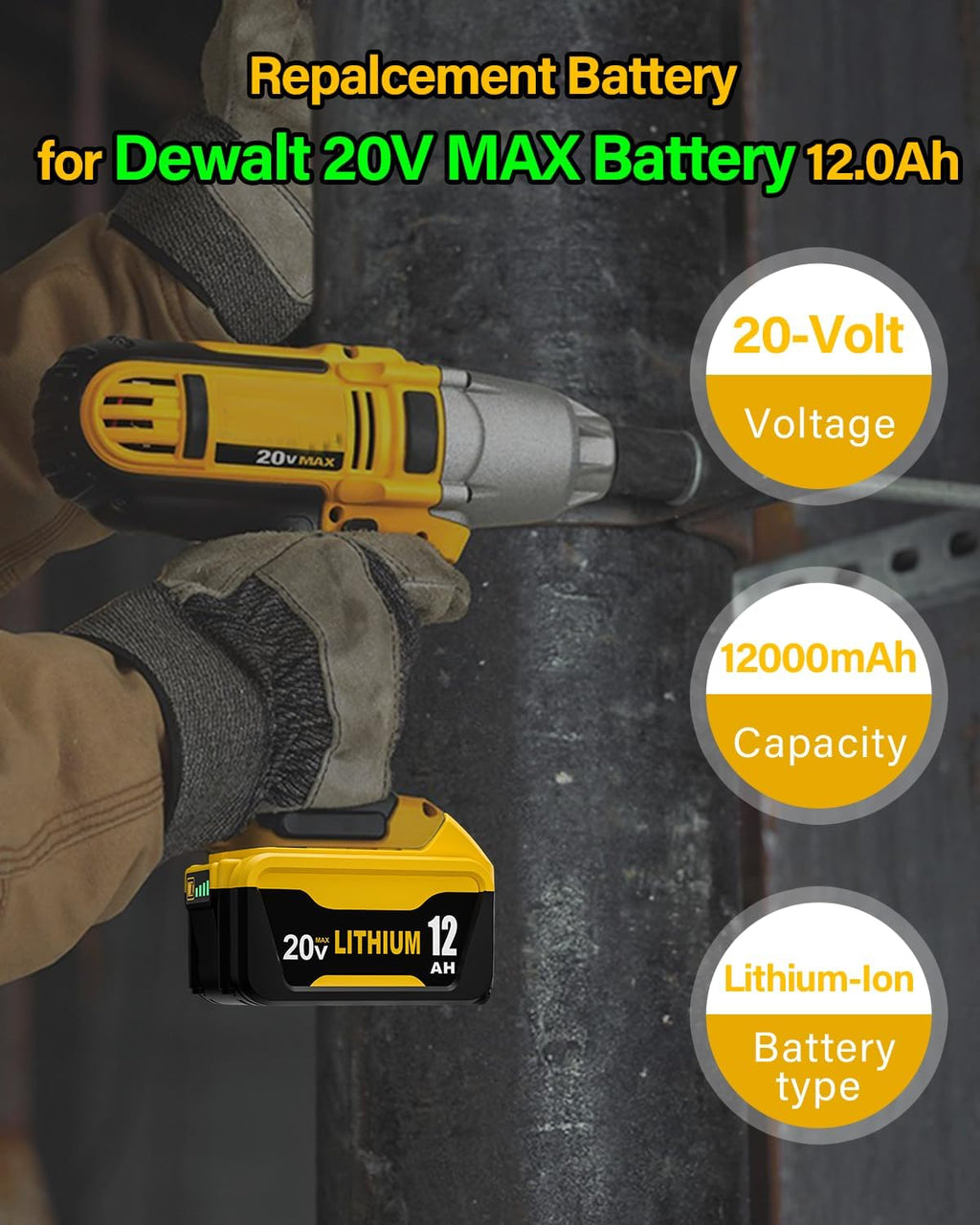 Replacement for Dewalt 20V MAX Battery, Lithium-Ion, 12.0Ah, 2-Pack