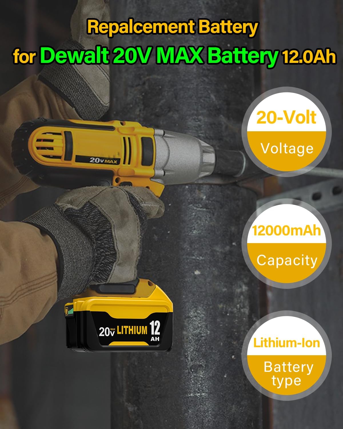 Replacement for Dewalt 20V MAX Battery, Lithium-Ion, 12.0Ah, 2-Pack