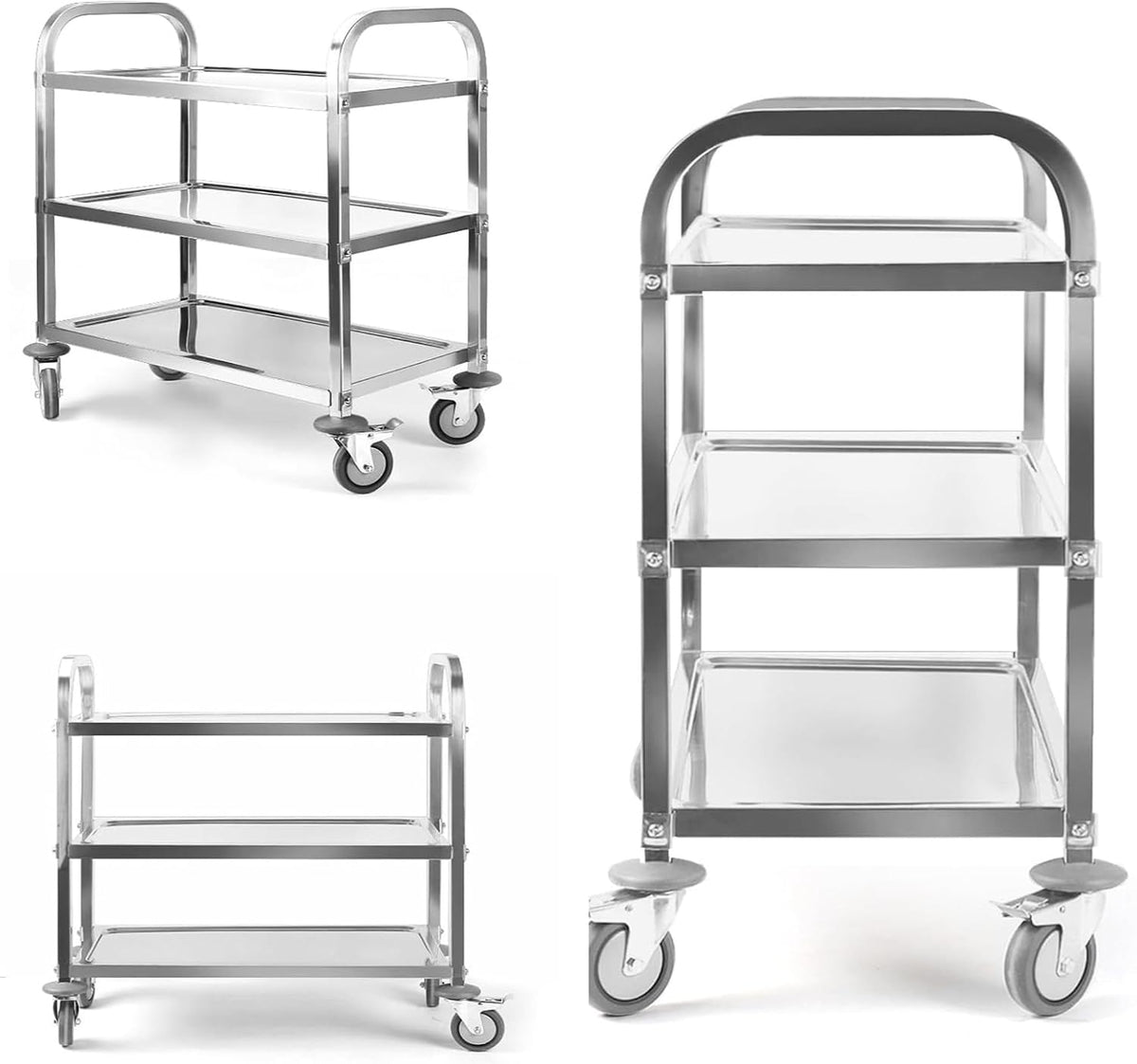 3 Tier Kitchen Rolling Cart, Stainless Steel, L30 x W16 x H33 Inch