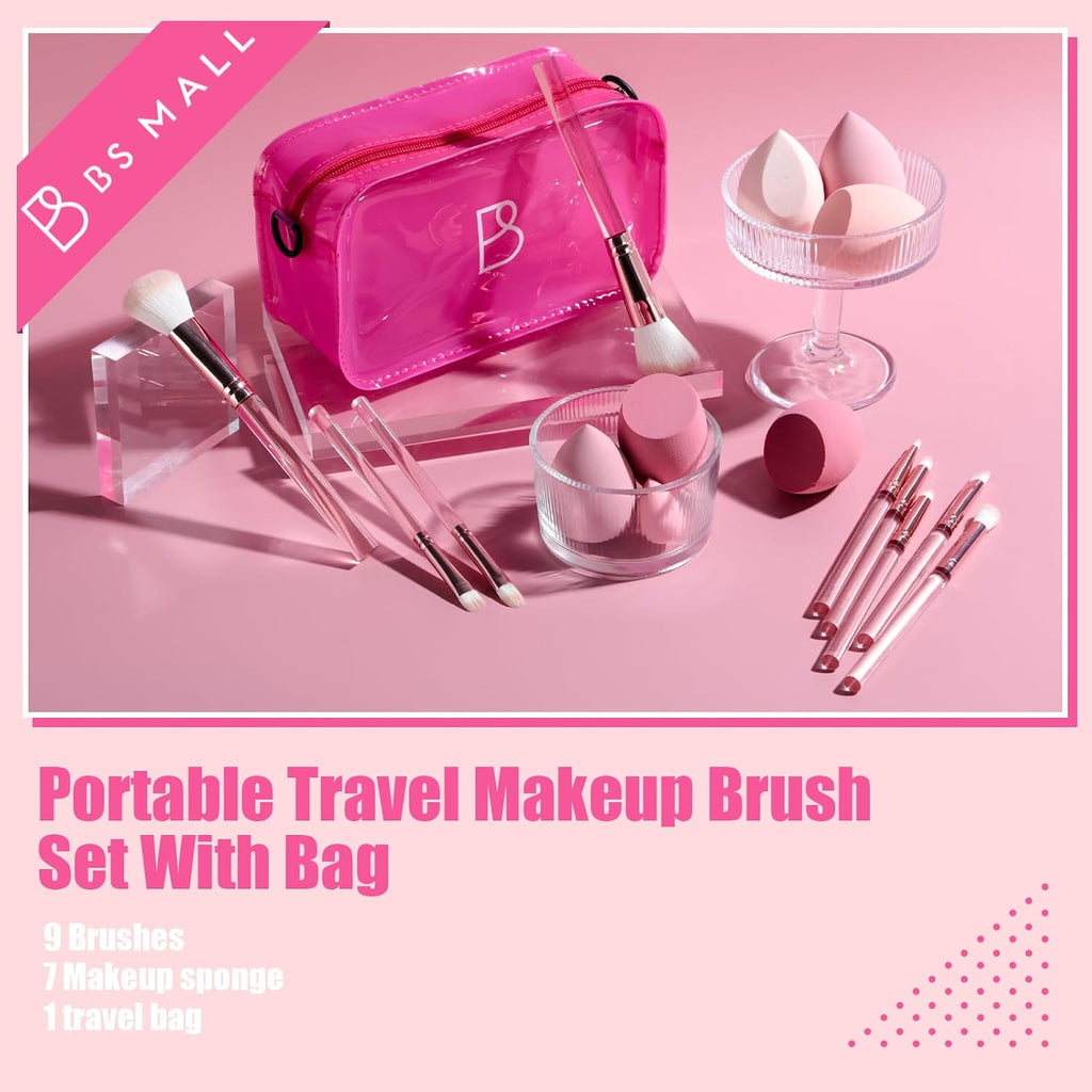 9 Pcs Travel Makeup Brush Set With 7 Pcs Makeup Blending Sponge, Foundation Brush, Mini Makeup Sponge & Case, Luxury