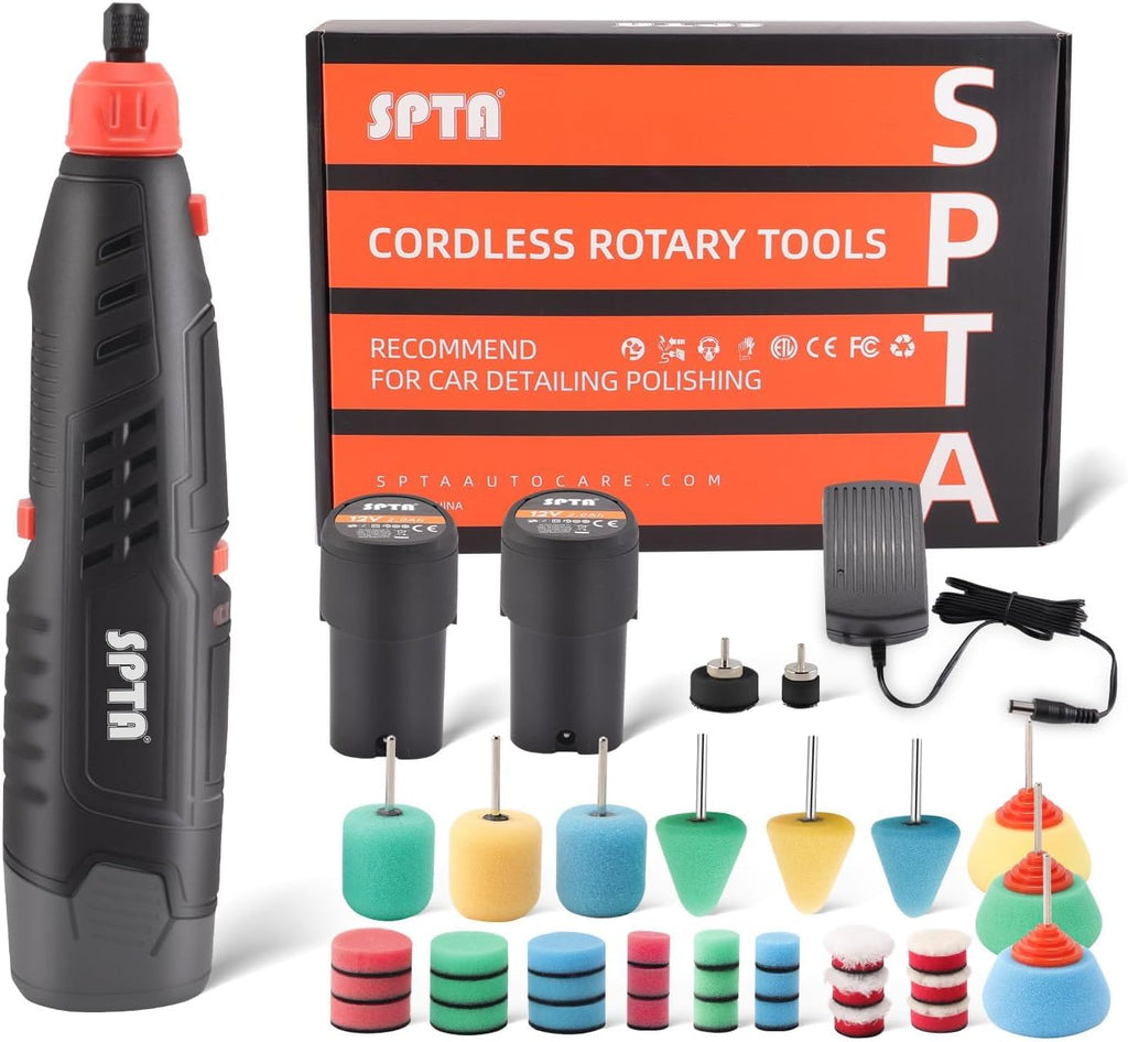 Cordless Rotary Tool, SPTA Powerful Mini Detail Polisher Kit, 36Pcs 12V Li-ion Battery 5,000-25,000 RPM Micro Auto