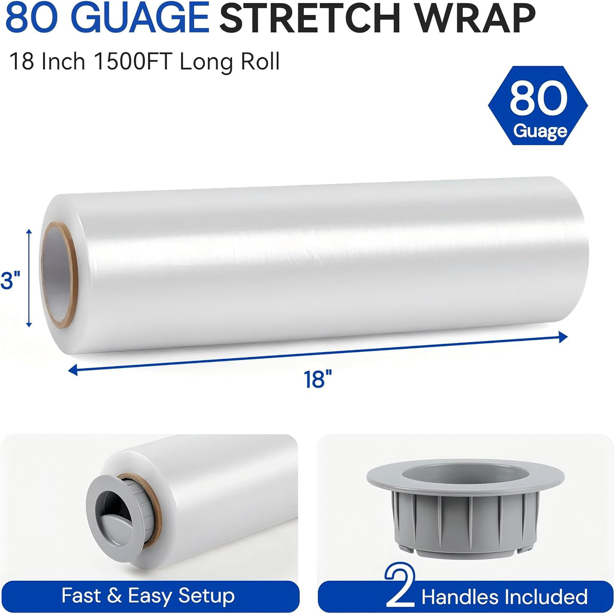 18" x 1500 Ft Stretch Shrink Wrap with Handle, 80 Gauge, 4 Pack