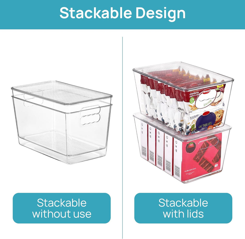 6 Pack Clear Stackable Storage Bins with Lids, Large Plastic Containers with Handle for Pantry Organizer and