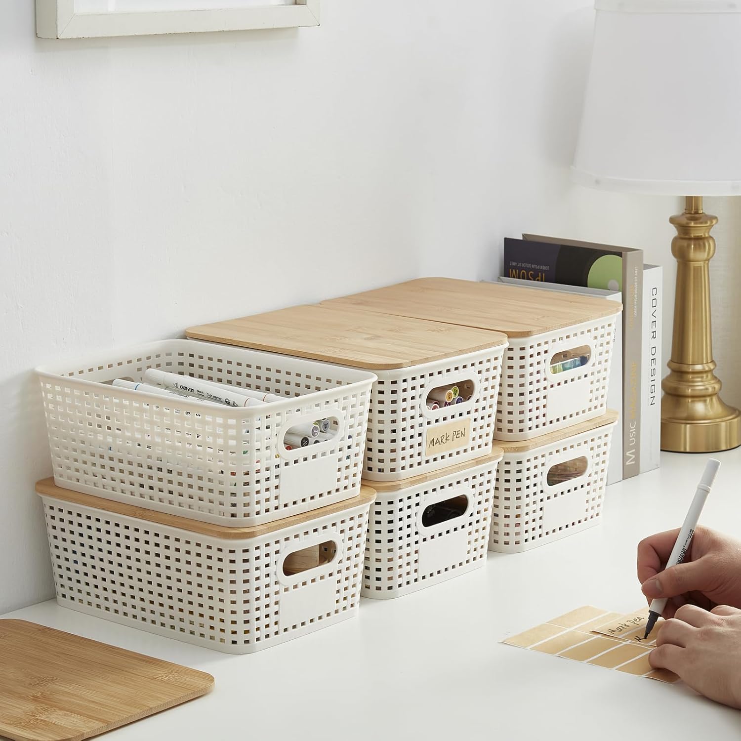 Small Plastic Storage Bins with Bamboo Lids 5.2qt Stackable Box Basket Pantry Decorative Containers Cute with Labels