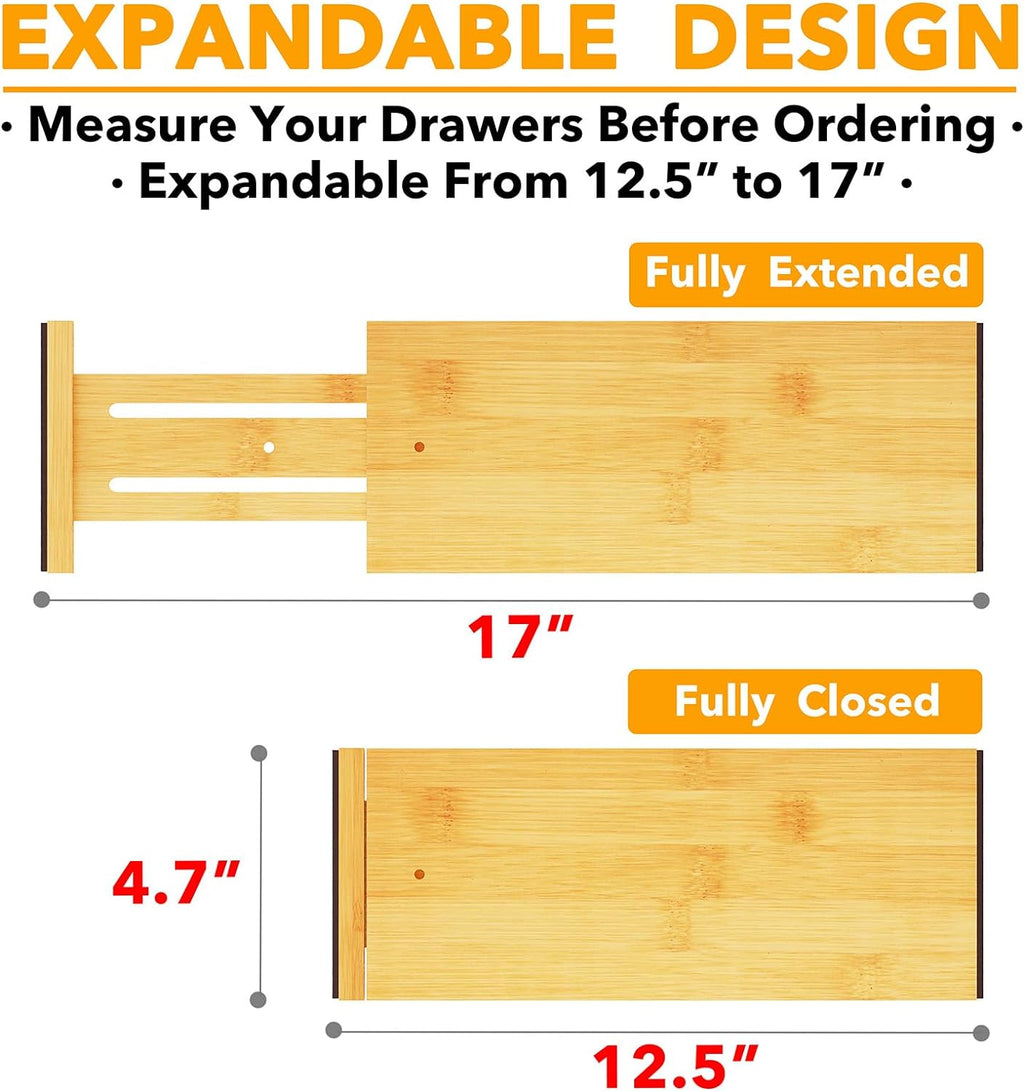 Bamboo Dresser Drawer Dividers 6 Pack, 4.65“ High Adjustable 12.5“-17” Drawer Organizers, Expandable Organization for