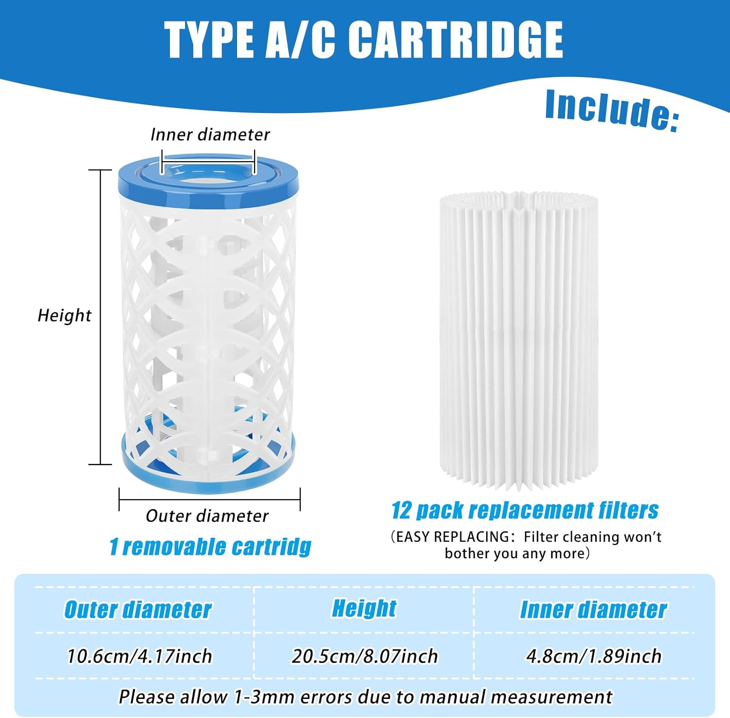 Universal Pool Filter Cartridge Type A/C or III, 12 Pack Reusable Swimming Pool Filter for Above Ground Pools