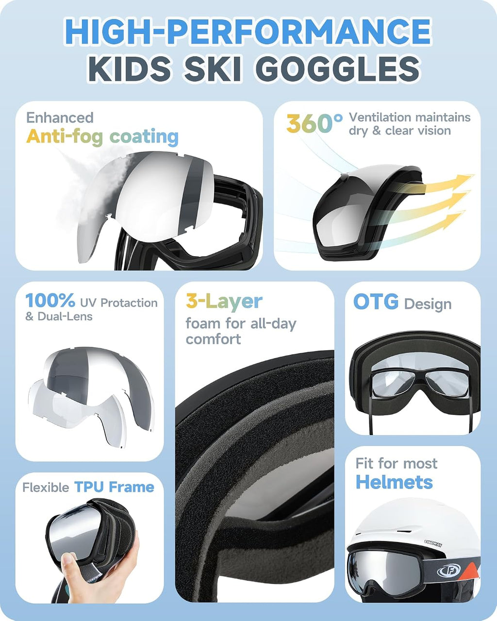Kids Ski Goggles, Kids Snowboard Goggles for Boys Girls Toddler age 3-12