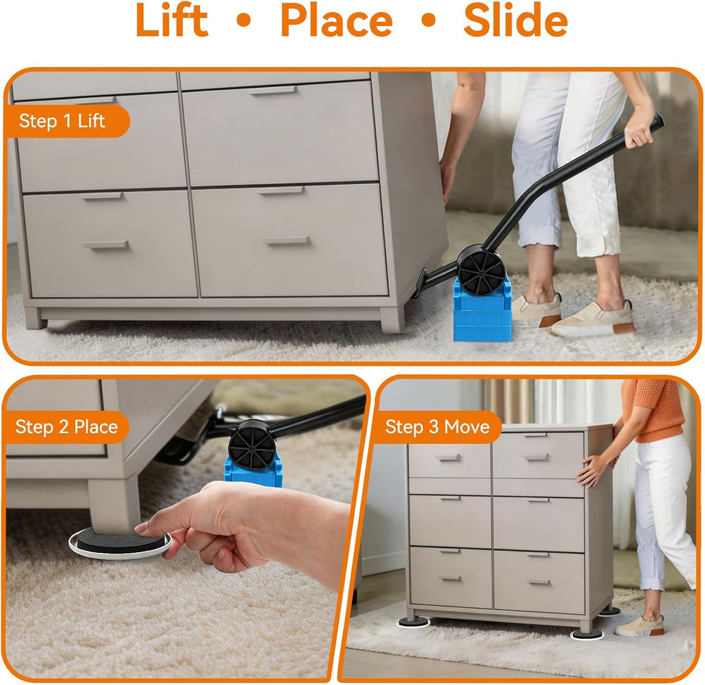3.5 Inch Furniture Sliders with Lifter Tool, 12 PCS Multi-Surface Movers Kit for Carpet and Hardwood Floors, Heavy