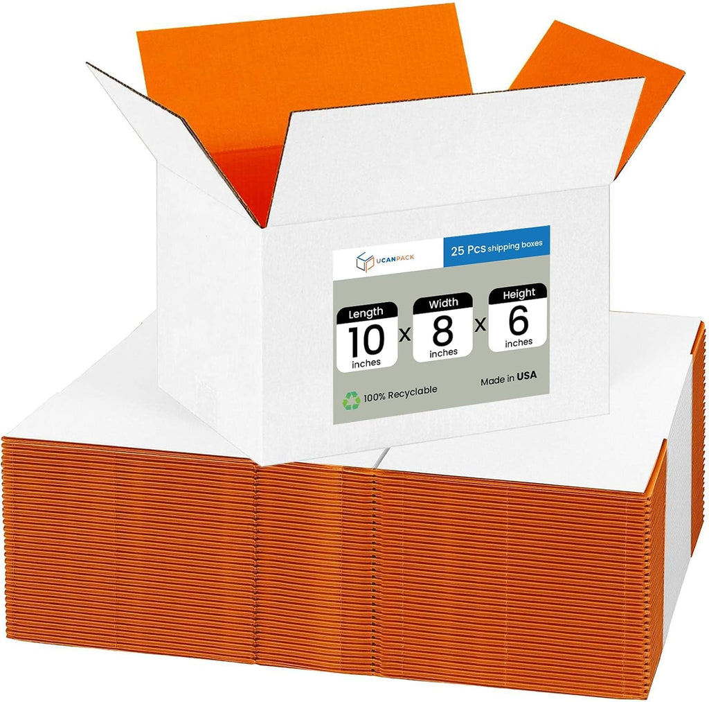 White & Orange Cardboard Shipping Boxes, Mailing Box 10x8x6",25 Pc
