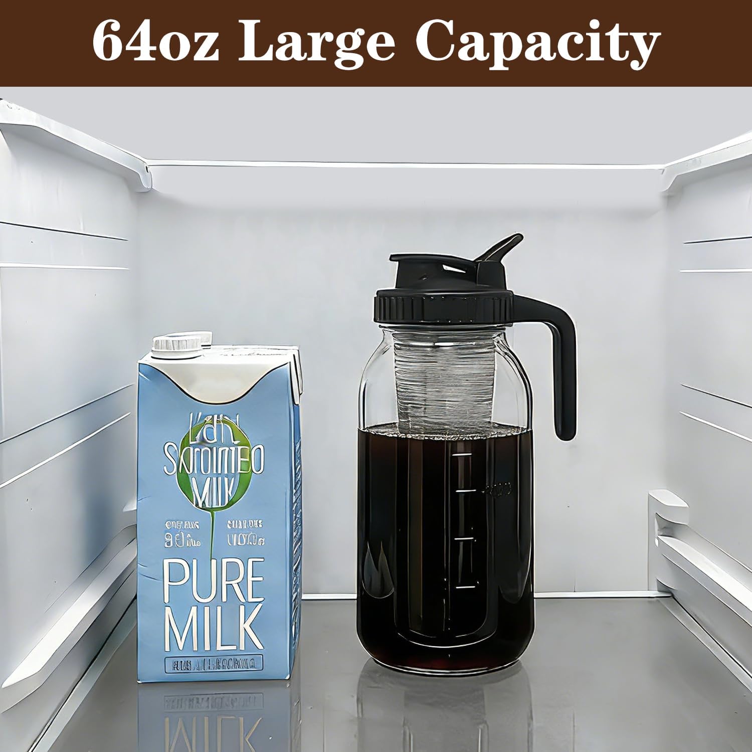 Cold Brew Coffee Maker, 64oz Cold Brew Pitcher with Stainless Steel Filter & Coffee Mat, Glass Cold Brew Mason Jar