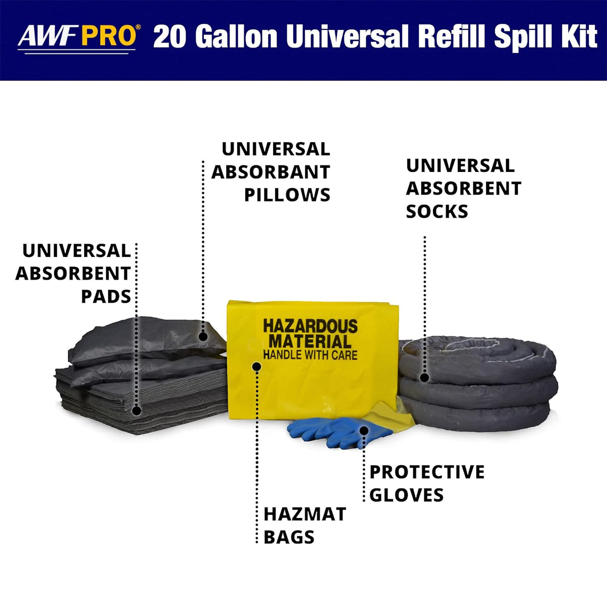 AWF PRO 20 Gallon Universal Spill Kit Refill, 56 Pieces