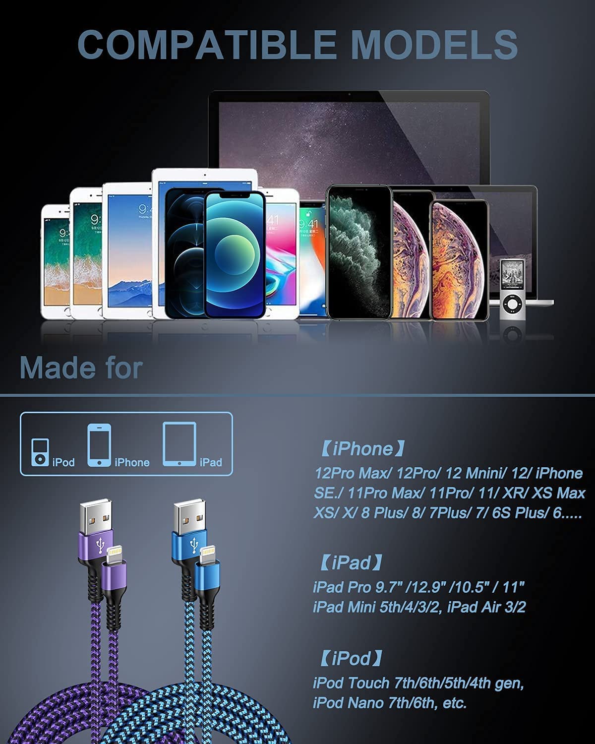 USB A to Lightning Cable-2Pack/6Ft Nylon Braided Long iPhone Charger Cord, Apple Approved Fast Charging Power Wire