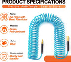 GASHER 1/4" 10FT Polyurethane Recoil Air Hose with Quick Coupler Plug Blue