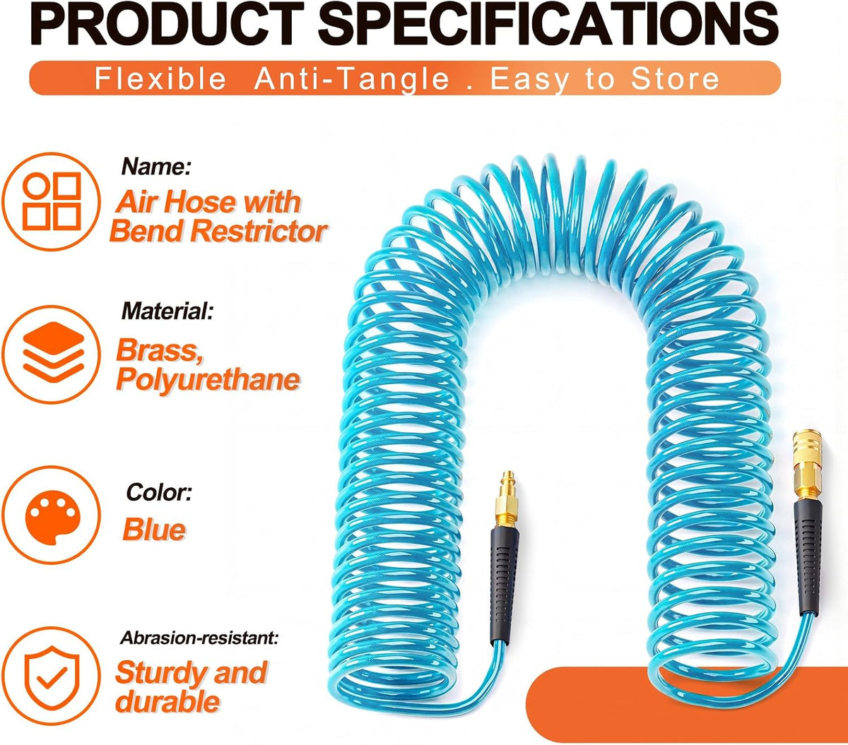 GASHER 1/4" 10FT Polyurethane Recoil Air Hose with Quick Coupler Plug Blue