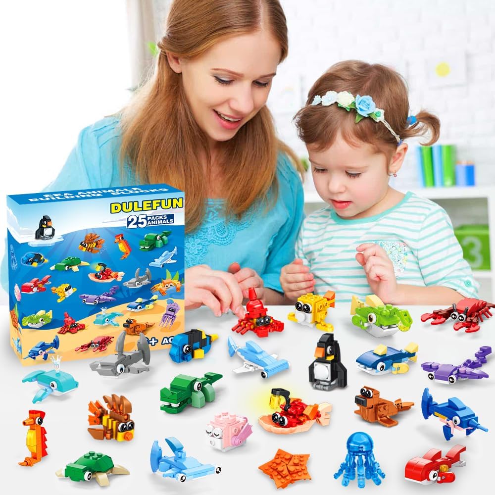 25pcs Building Blocks Bricks Party Favors Toys for Kids Marine Animals Block for Classroom Prizes Birthday Gift