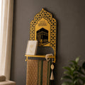 Metal Islamic Prayer Rug Holder for Wall – Gold Metal Shelf with Kaaba Design & Salah Dua – Muslim Home Décor, Quran