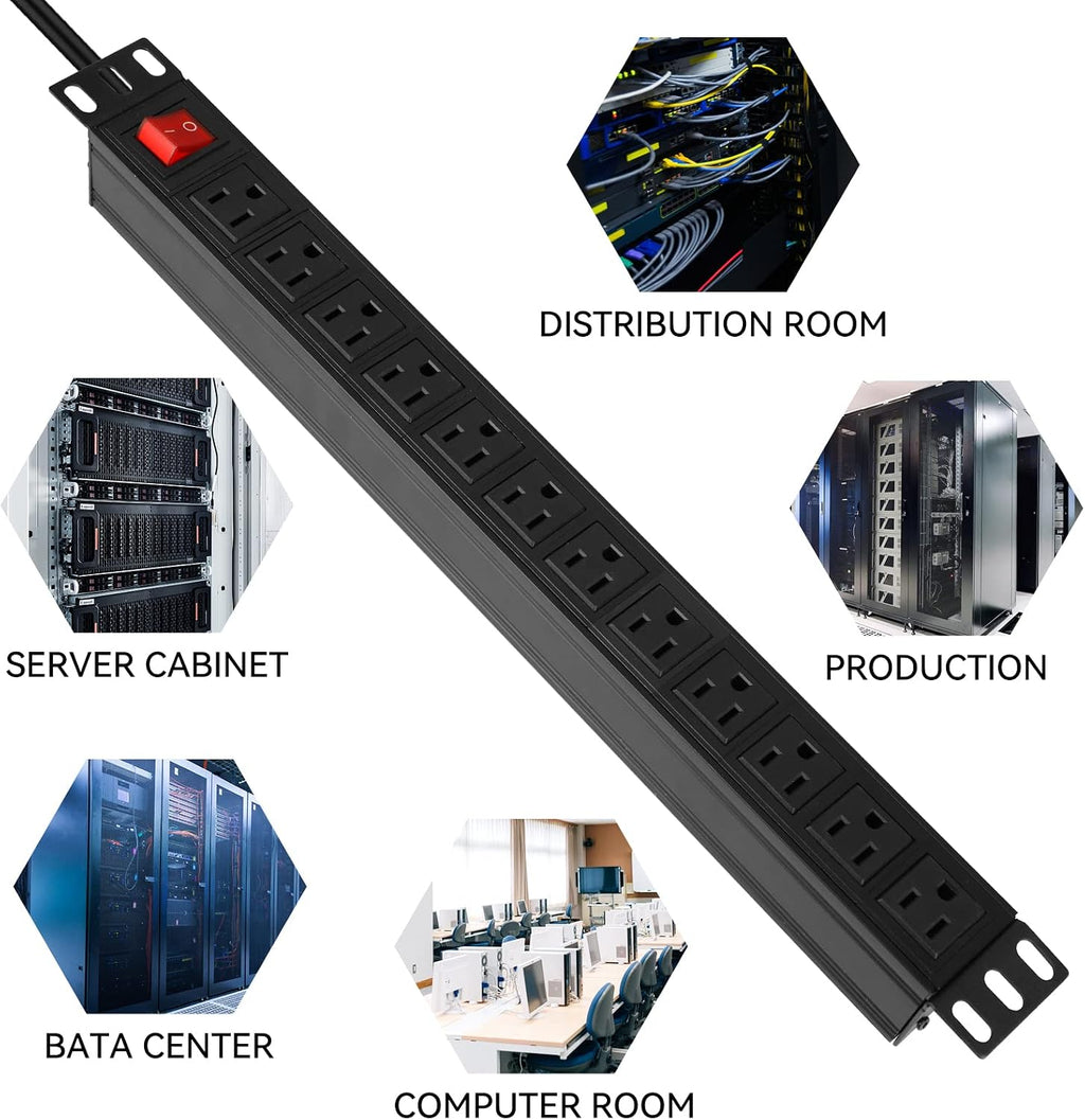 Power Strip Surge Protector Rack-Mount PDU, 12-Outlet Power Strip with Switch, Metal Mountable Heavy Duty for Server