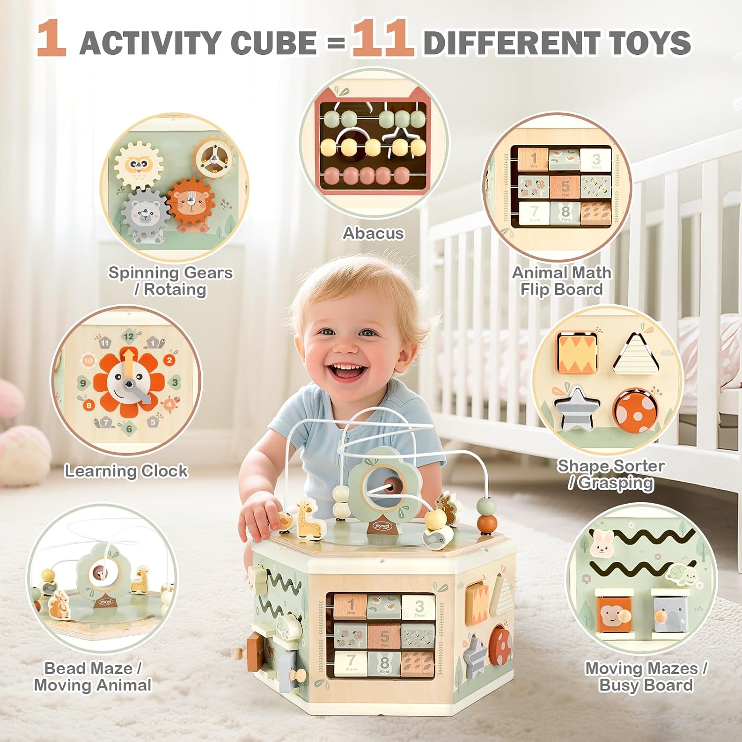 Wooden Activity Cube - 11-in-1 Montessori Toys for 1+ Year Old Boys & Girls | Activity Center for Baby, Toddlers and