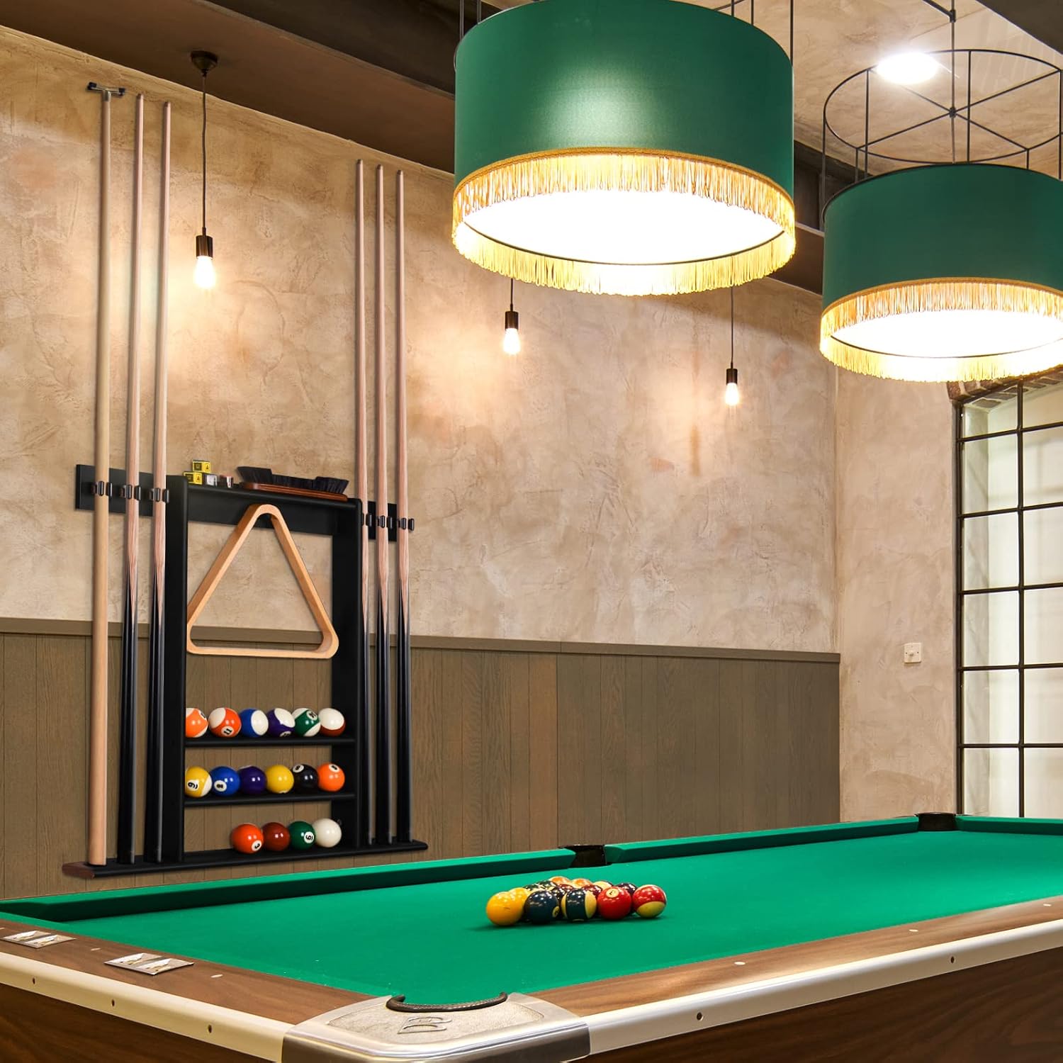Pool Cue Rack Wall Mount For 6 Cues, Balls & Billiard Accessories Storage | 100% Solid Pine Wood Pool Stick Holder