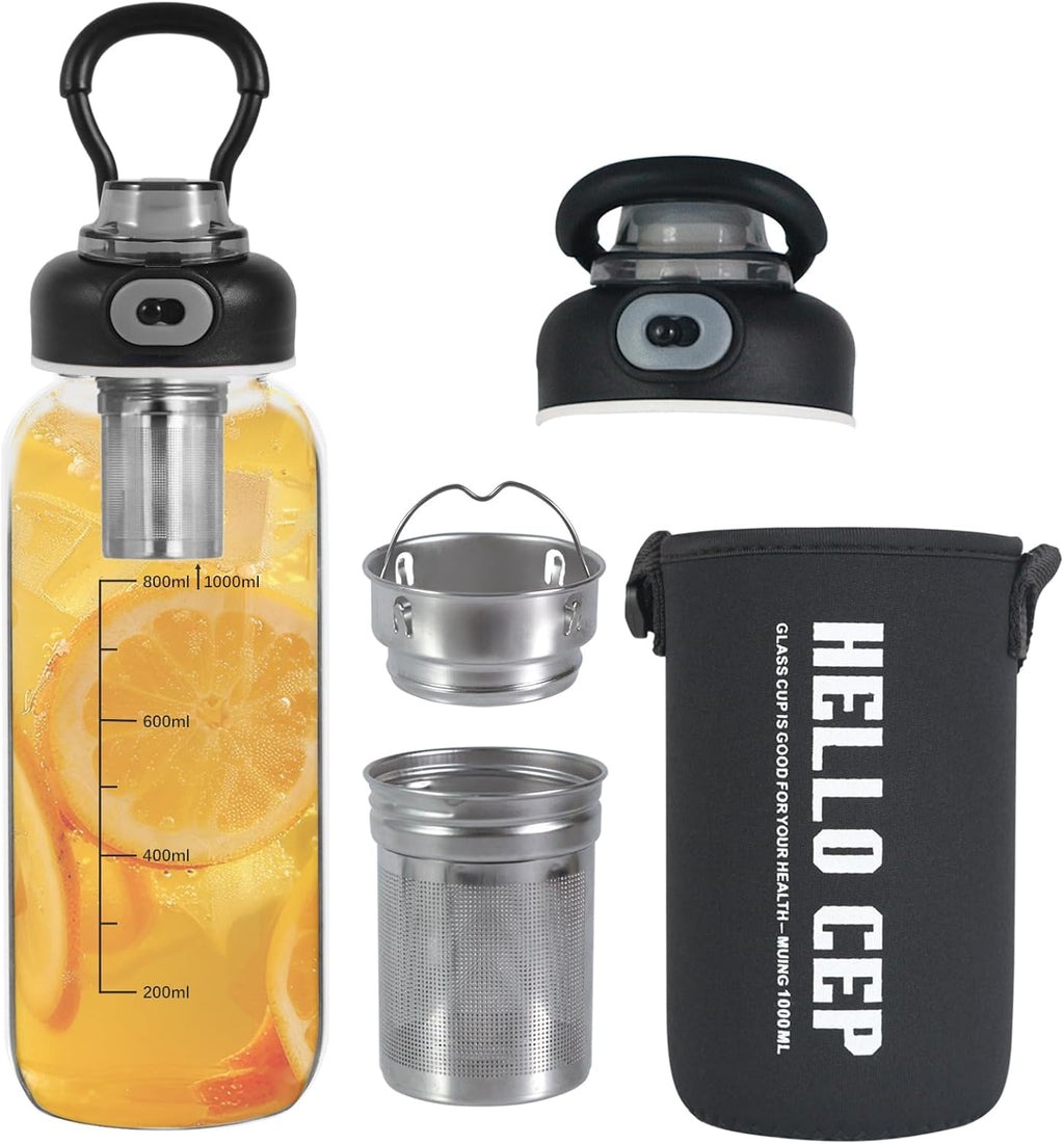 34oz Glass Water Bottle with capacity Mark & Stainless Steel Tea Strainer-Large Capacity for Hot/Cold