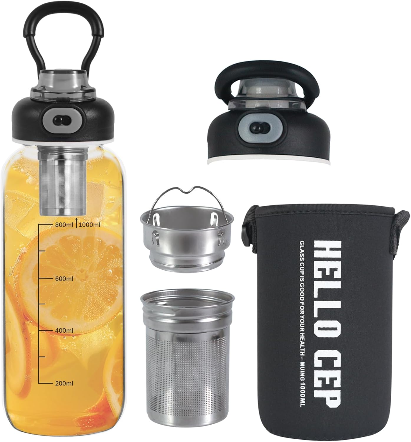 34oz Glass Water Bottle with capacity Mark & Stainless Steel Tea Strainer-Large Capacity for Hot/Cold