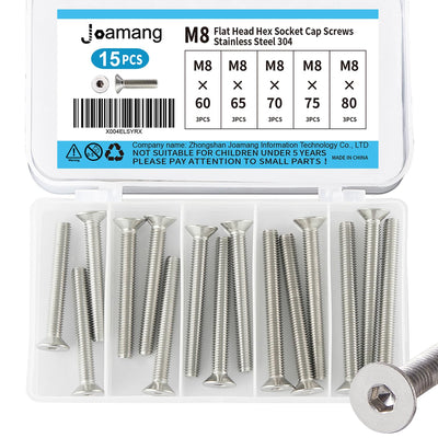 Joamang M8 x 60mm 65mm 70mm 75mm 80mm Flat Head Hex Socket Cap Screws Countersunk Bolts, Stainless Steel 304, Metric Allen Drive, Bright Finish, Fully Threaded, Assortment Kit 15PCS