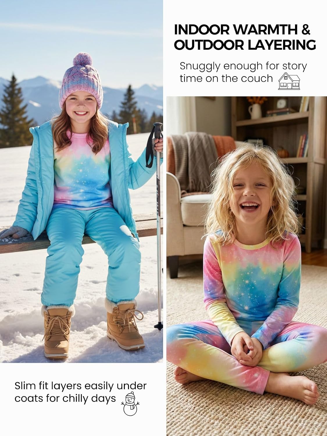 Girls Warm Thermal Underwear Set Kids Winter Base Layer Long Johns Sets for Cold weather/skiing
