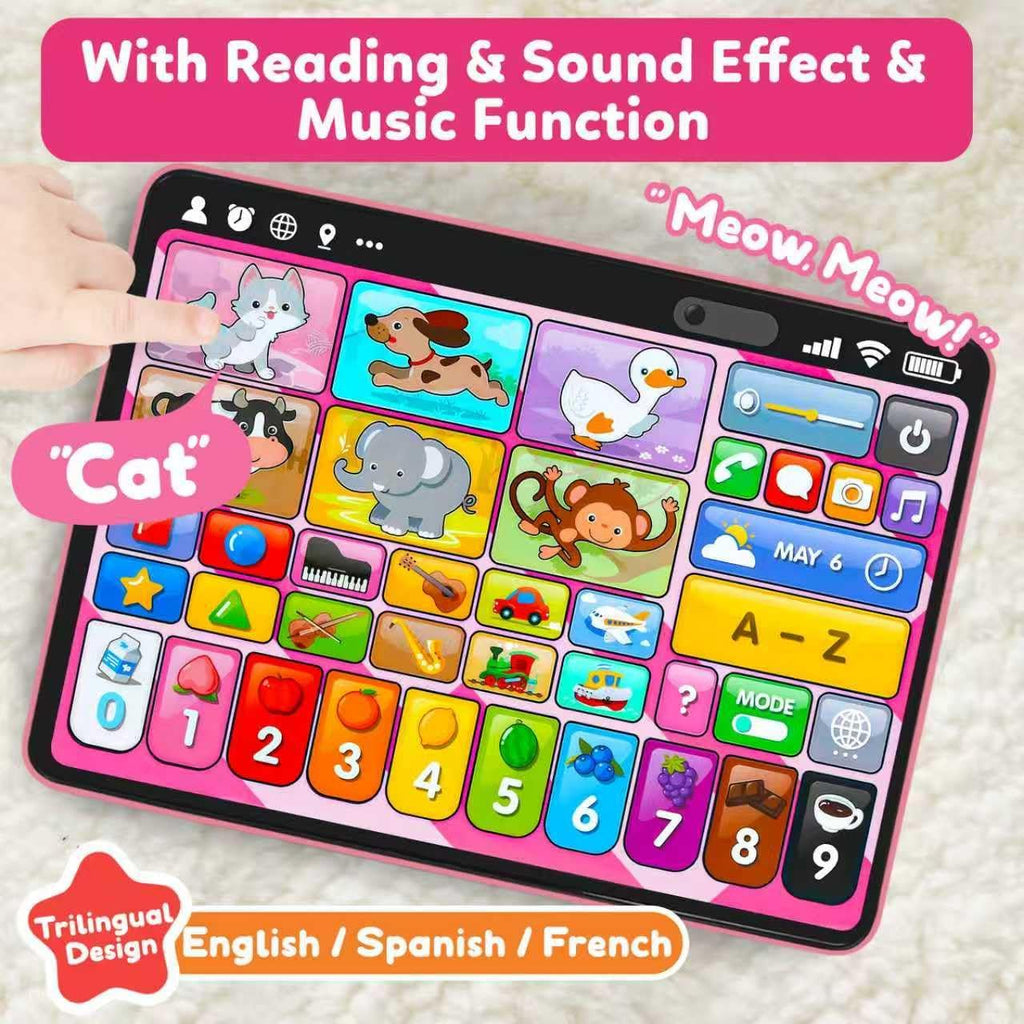 Trilingual Learning Toy Tablet with Music & Sound, Montessori Speech Therapy Toys for 1 Year Old Girl Boy Musical