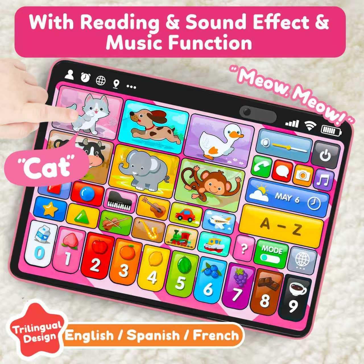 Trilingual Learning Toy Tablet with Music & Sound, Montessori Speech Therapy Toys for 1 Year Old Girl Boy Musical