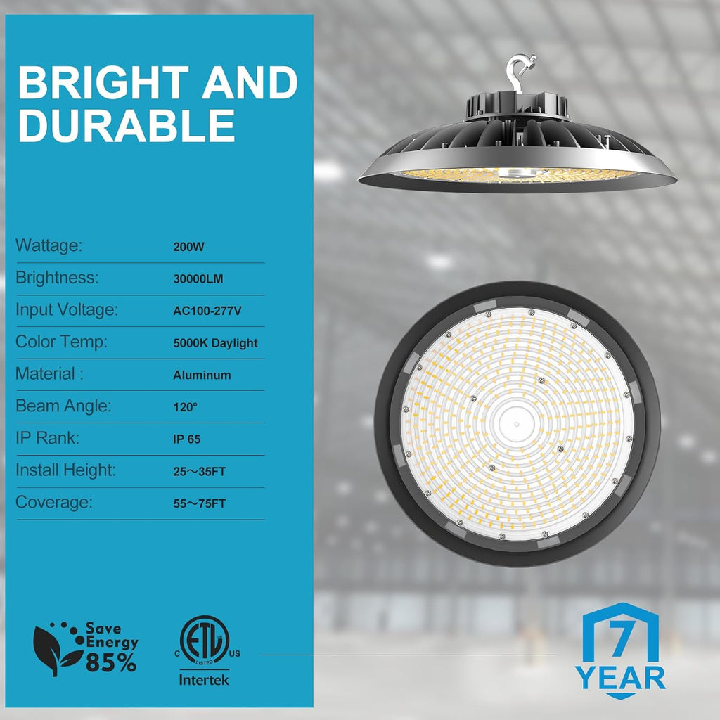 Lightdot 4Pack 200W High Bay LED Shop Light, 30000LM UFO High Bay Lighting