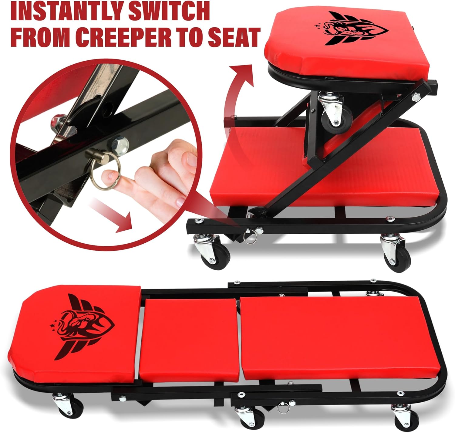 Mechanic Creeper Bench & Stool 2 in 1 - Folding Adjustable Chair Z Design 300 Lbs Capacity - Heavy Duty Garage Seat