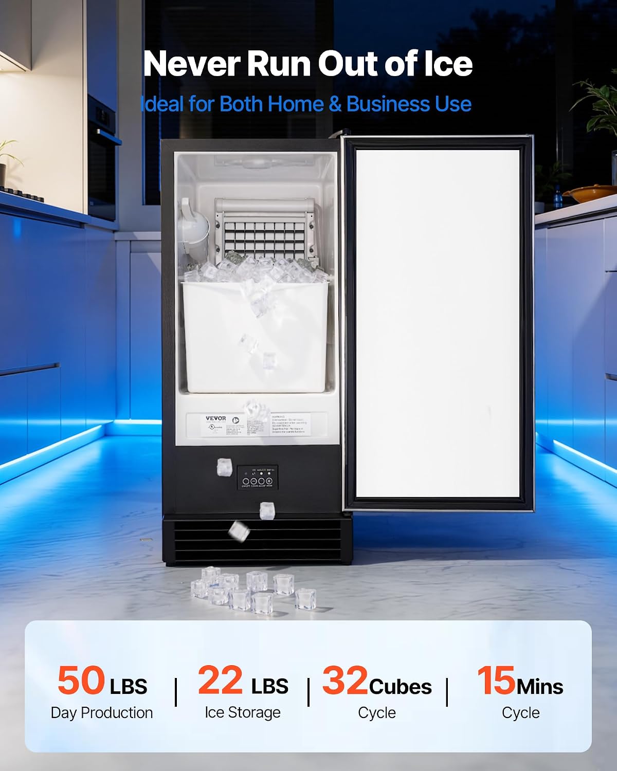 Undercounter Built-in Ice Maker, 50 Lbs/Day Under Counter Ice Maker Machine with Drain Pump, Reversible Door
