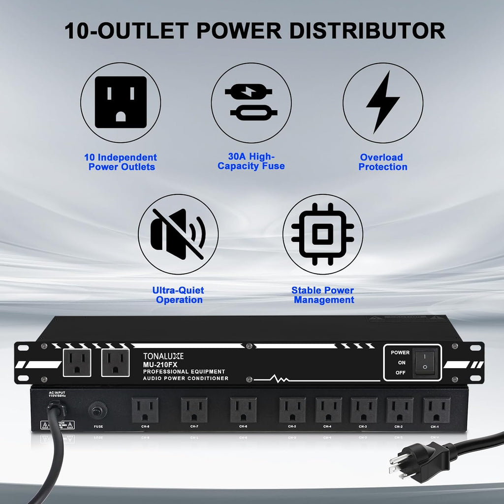 Power Conditioner for Audio Equipment, 10 Outlets 30A Rack Mount Audio Digital Pro Power Supply Controller Regulator