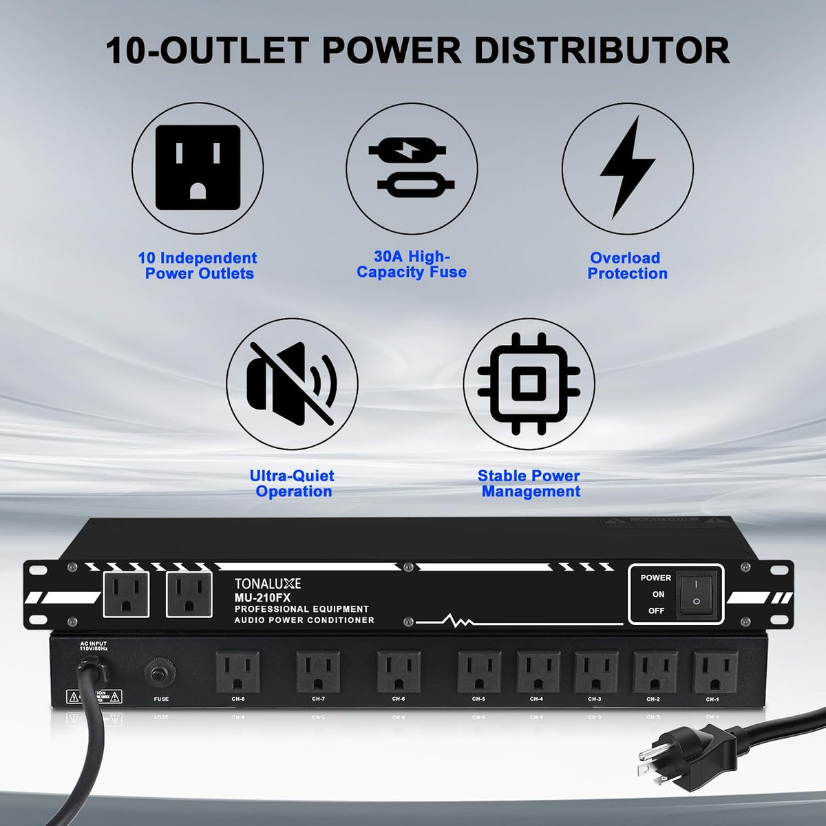 Power Conditioner for Audio Equipment, 10 Outlets 30A Rack Mount Audio Digital Pro Power Supply Controller Regulator