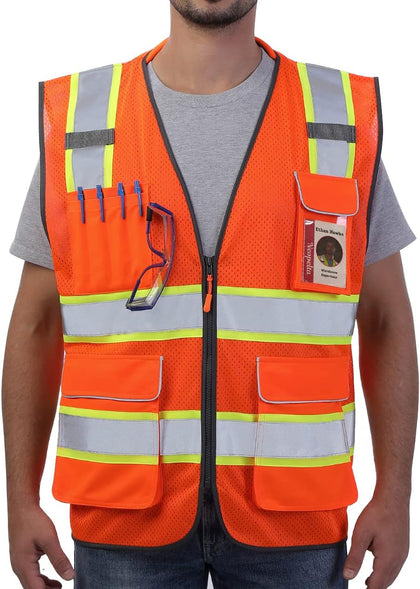 Hi Vis Reflective Safety Vest for Men Women Orange Mesh/Yellow XL | High Visibility Construction Work Vest with