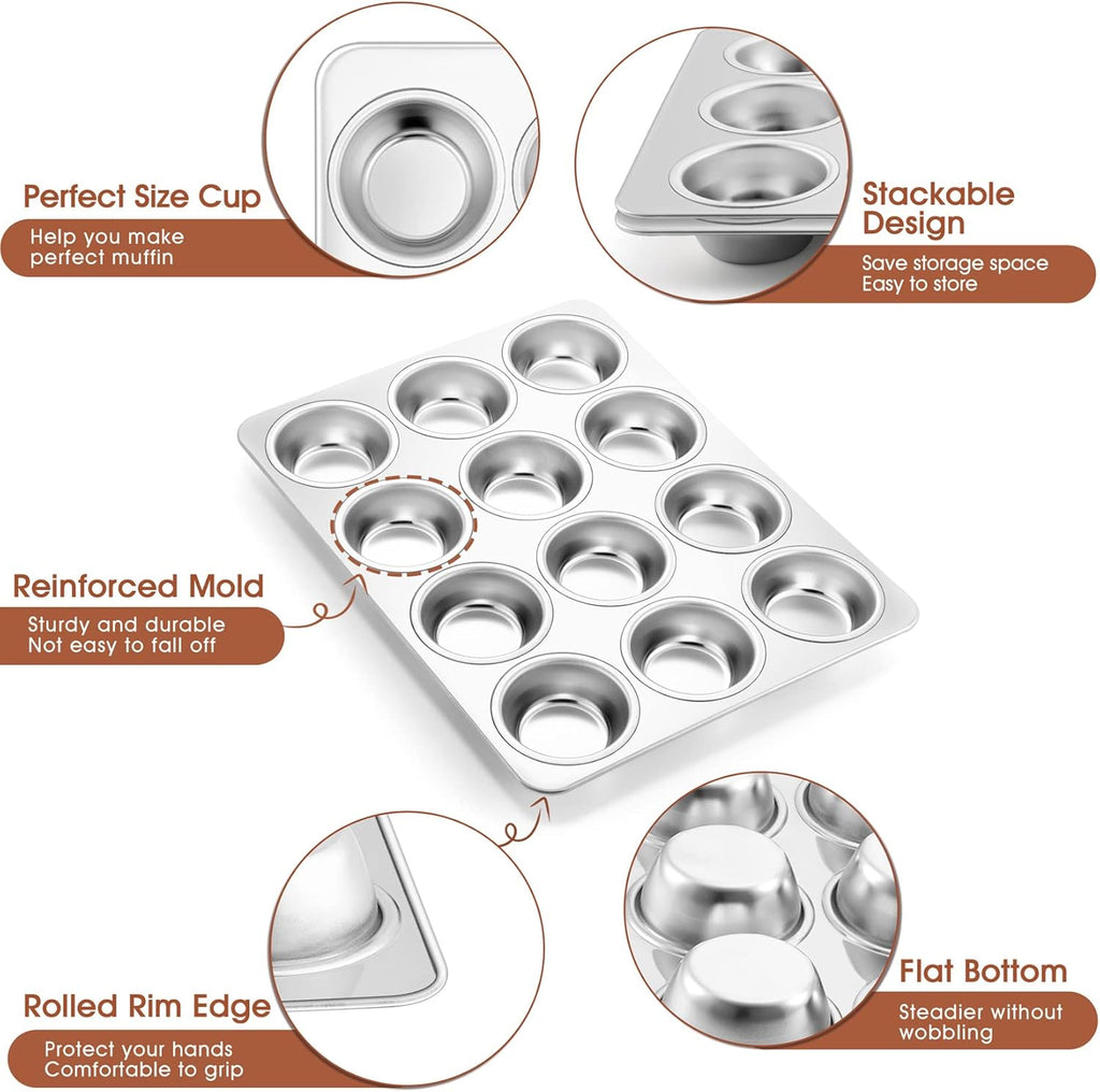 12-Cup Muffin Pan Tin, Stainless Steel Cupcake Pan, 2Pcs