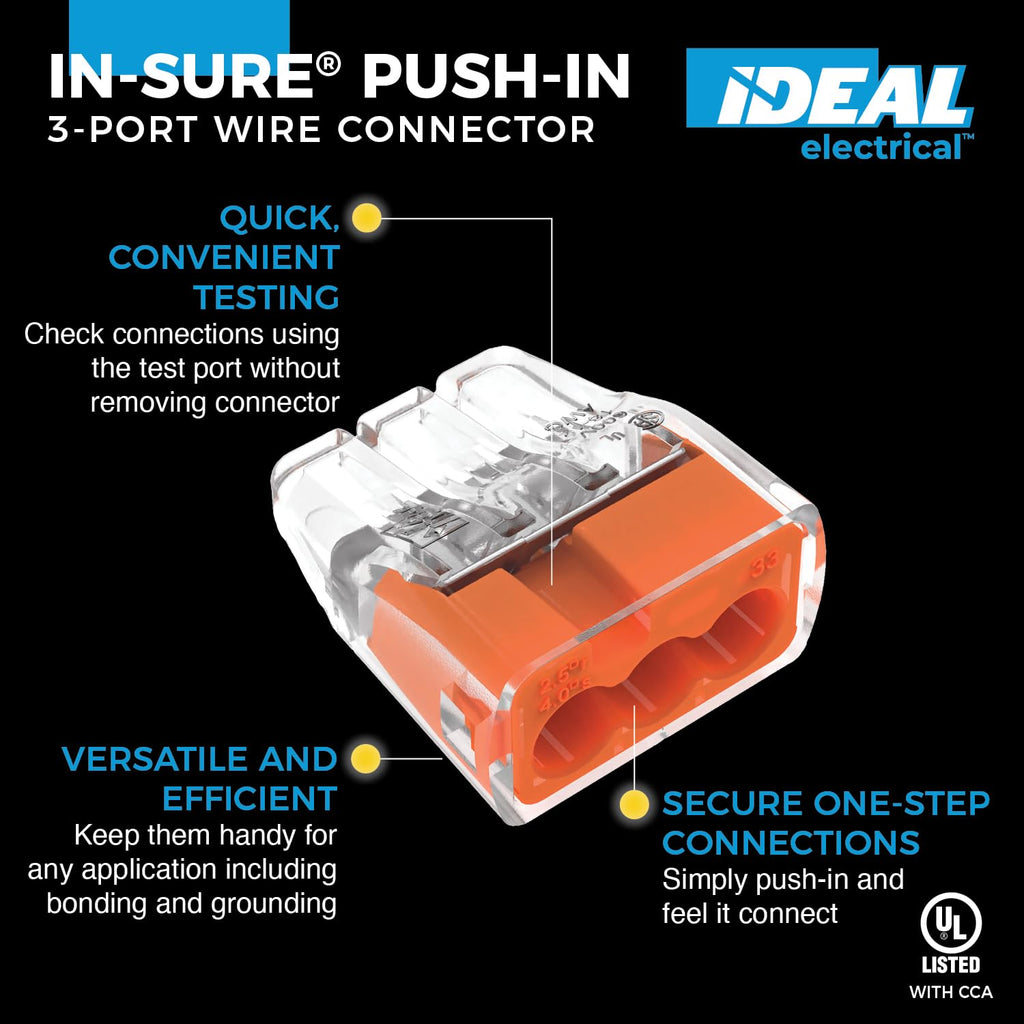 Ideal Electrical in-Sure Push-in Electric Wire Connector, 3-Port (30-1033P), Bag of 100—Color Coded No-Twist