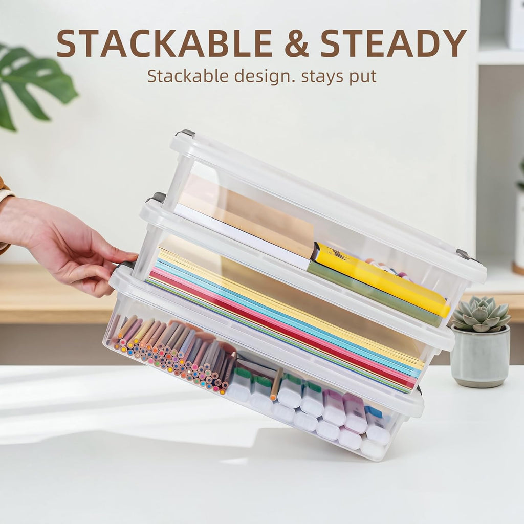 3 PCS Plastic Storage Bins with Latching Lids Portable Project Case Clear File Box Stackable Storage Containers for