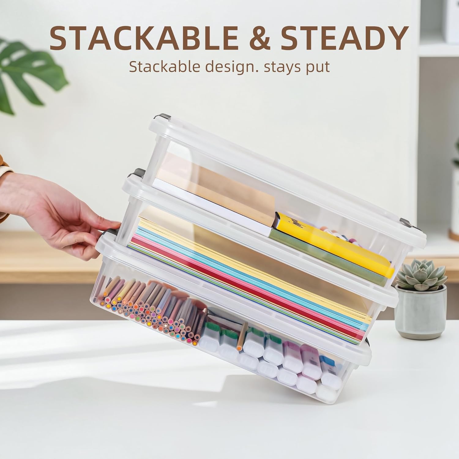 3 PCS Plastic Storage Bins with Latching Lids Portable Project Case Clear File Box Stackable Storage Containers for