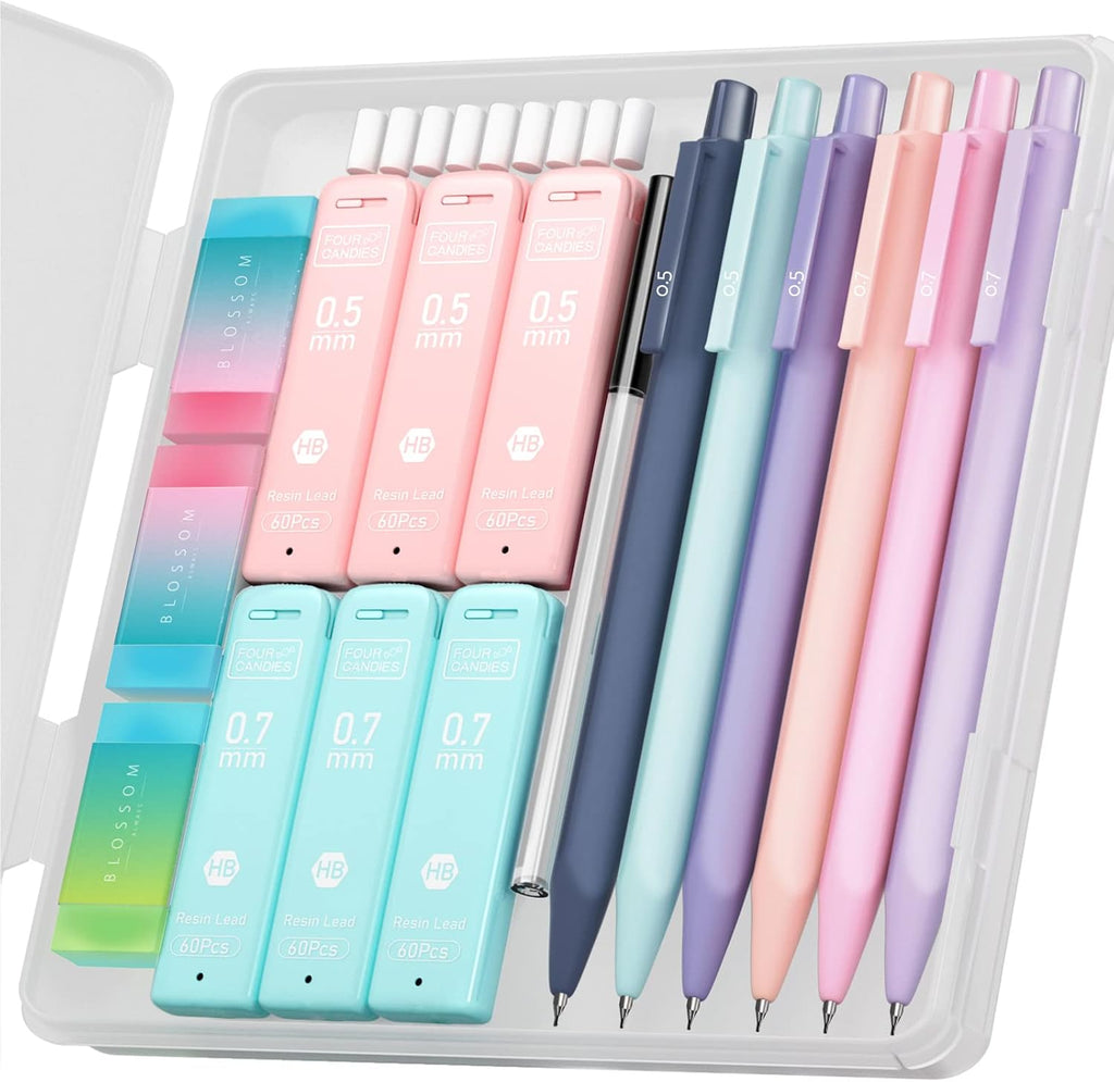 Cute Mechanical Pencil Set, 6-Pack 0.5/0.7mm | 360 Lead Refills, 3 Erasers, 9 Eraser Refills, Storage Case, Back to