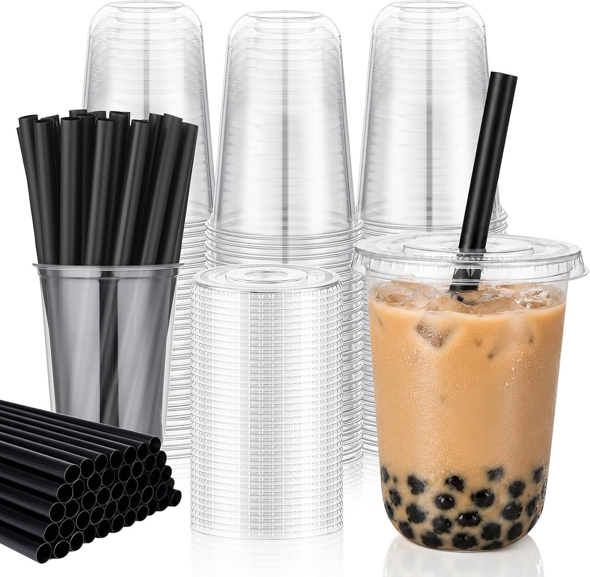 100 Sets 16oz Clear Plastic Cups with Lids & Wide Boba Straws