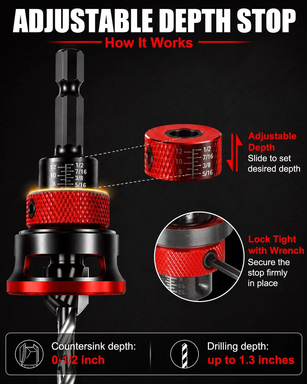 9PCS Countersink Drill Bit Set with Adjustable Depth Stopper