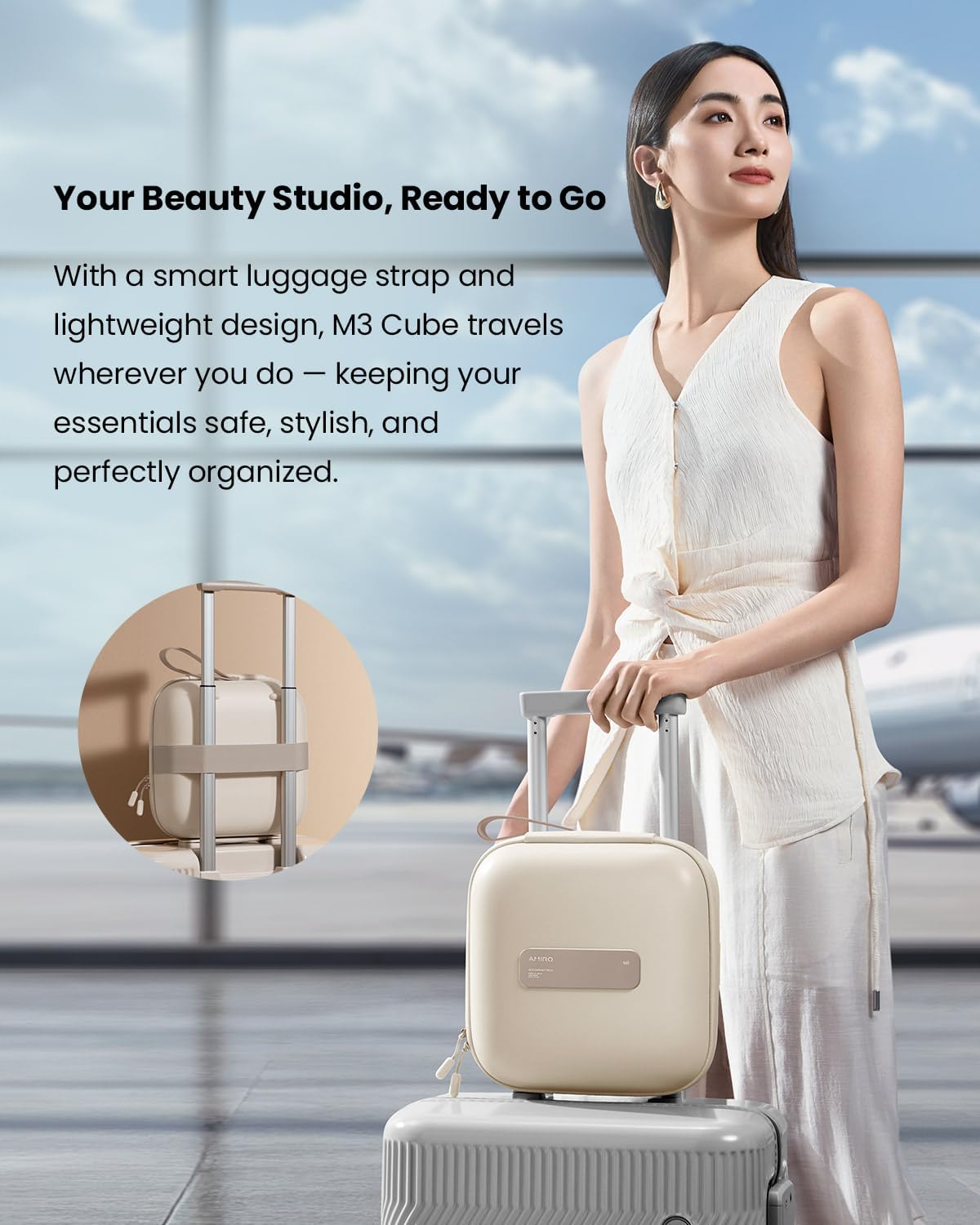 Travel Makeup Bag with Stepless Brightness&3 Color LED Mirror, White