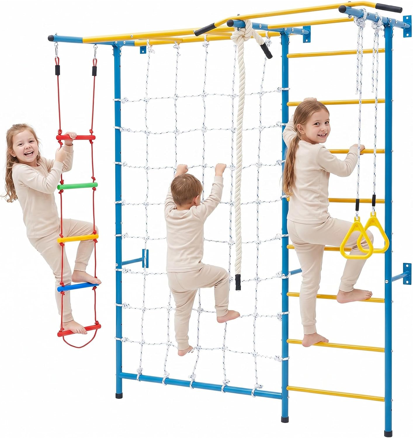 Indoor Jungle Gym for Toddlers, 7-in-1 Climbing Playset with Carbon Steel Swedish Ladder, Wall Ladder, Pull-Up Bar