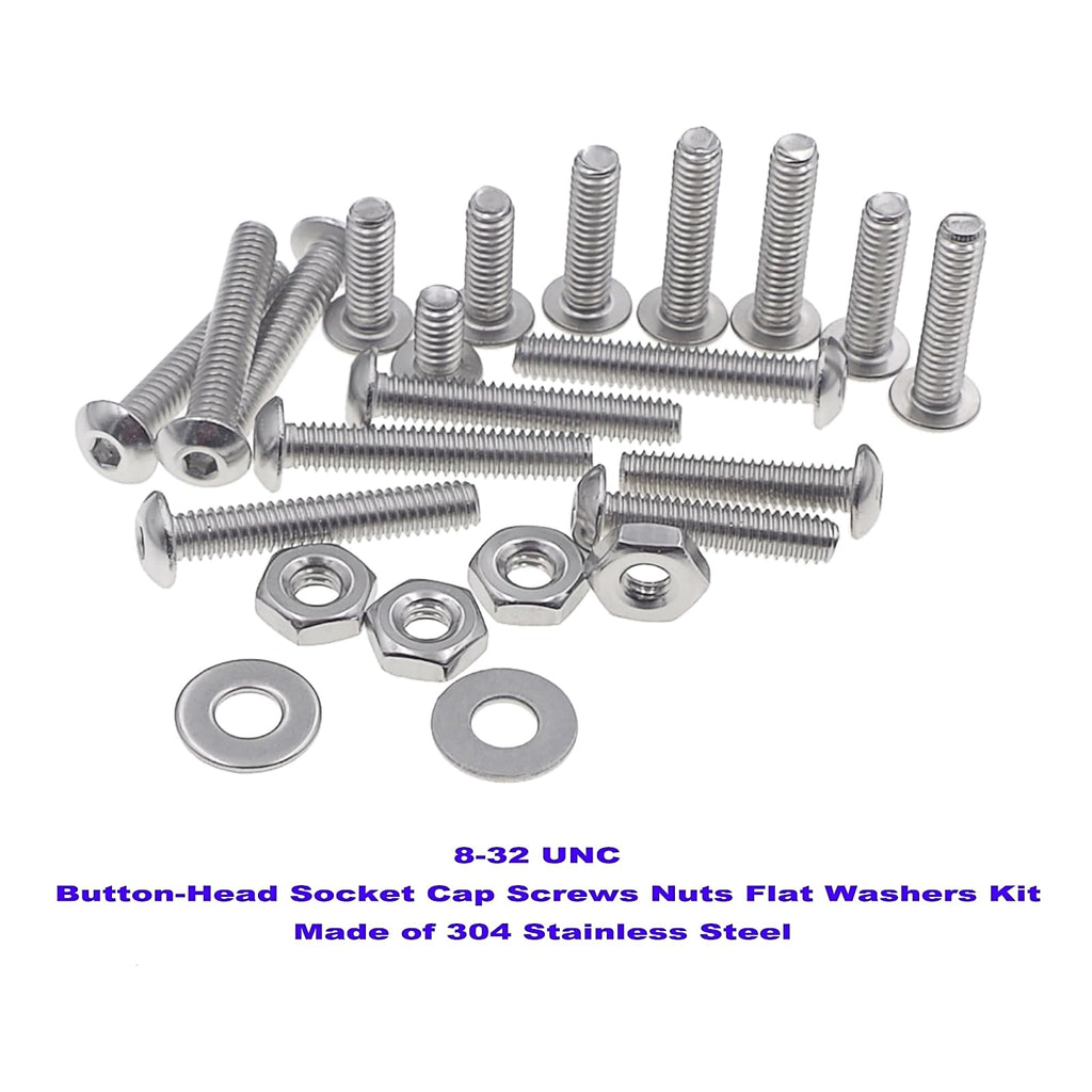 MCMASKE #8-32 UNC Stainless Steel Button-Head Socket Cap Screws Hex Nuts Flat Washers Assortment Kit
