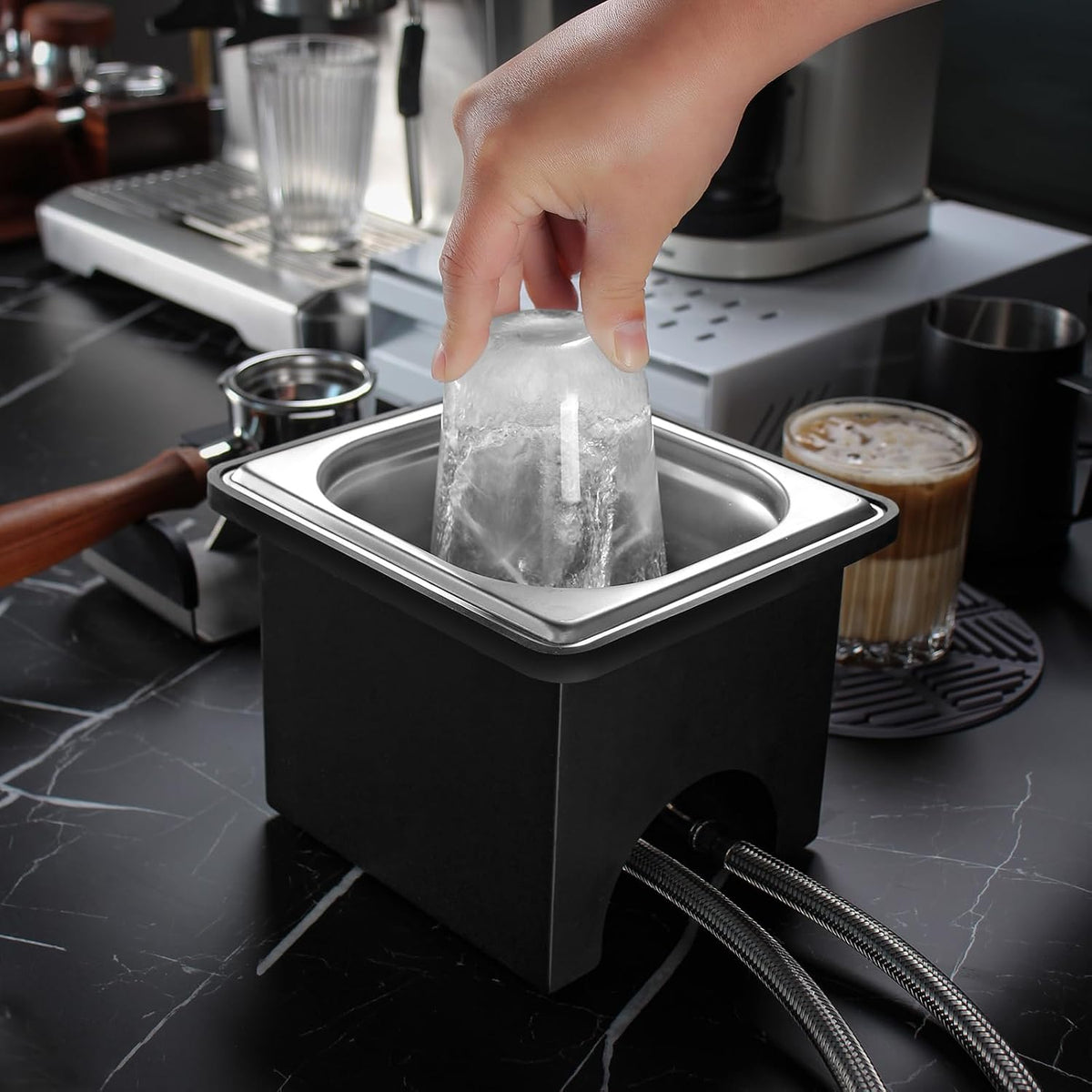 Pitcher Rinser with Base, Stainless Steel Countertop Glass Rinser Cup Washer Sink with Side Spray, 7.48" x 6.89" x
