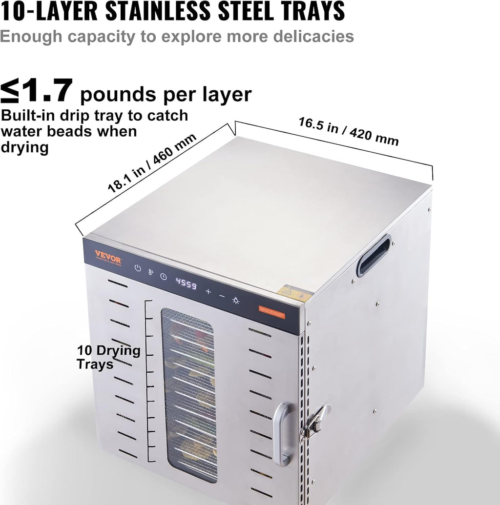 Food Dehydrator, 10 Trays Stainless Steel Food Dehydrator Machine, 1000W Dehydrators with Digital Adjustable Timer &