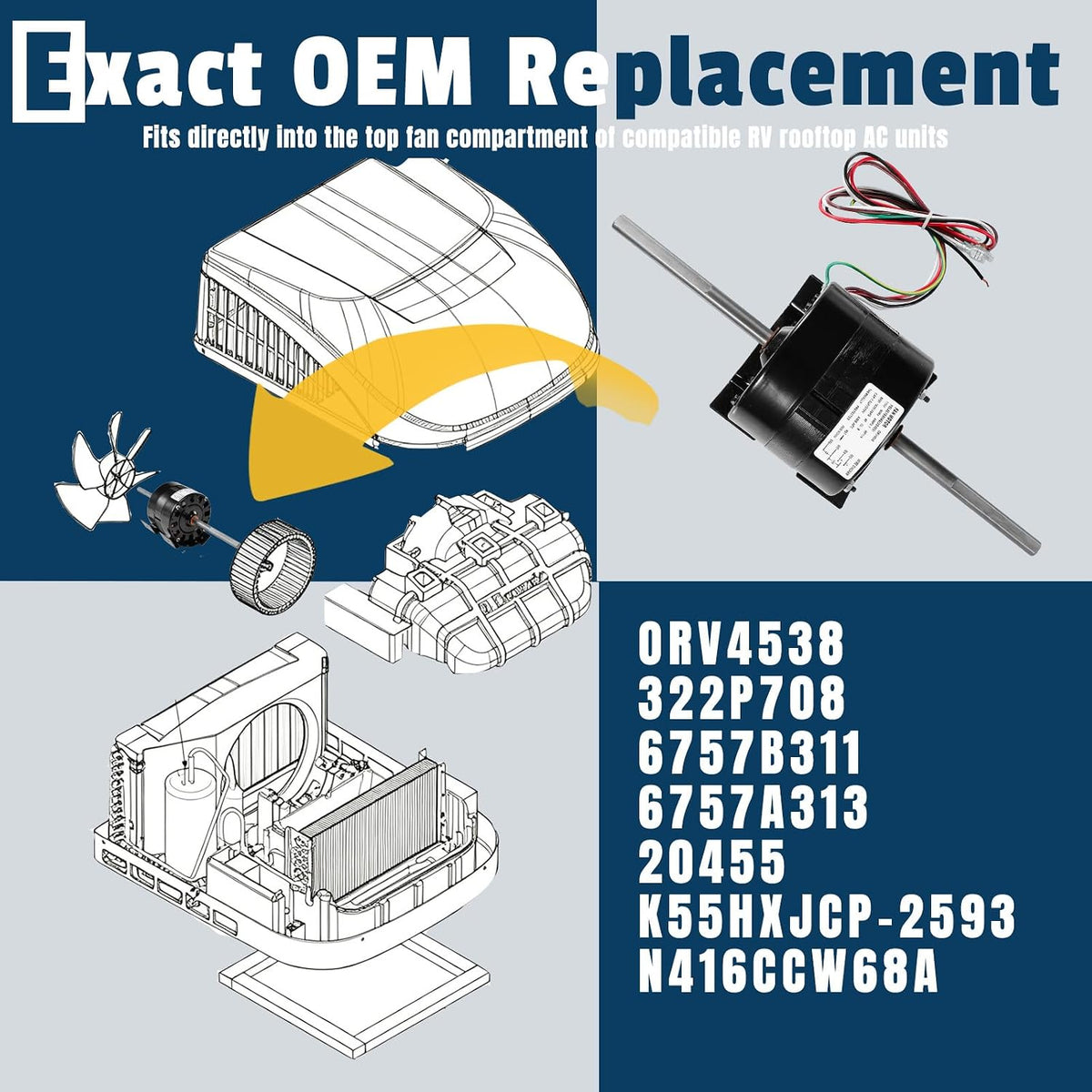 ORV4538 6757B311 RV AC Motor 1/4HP 115V Fits 20455, with Capacitor