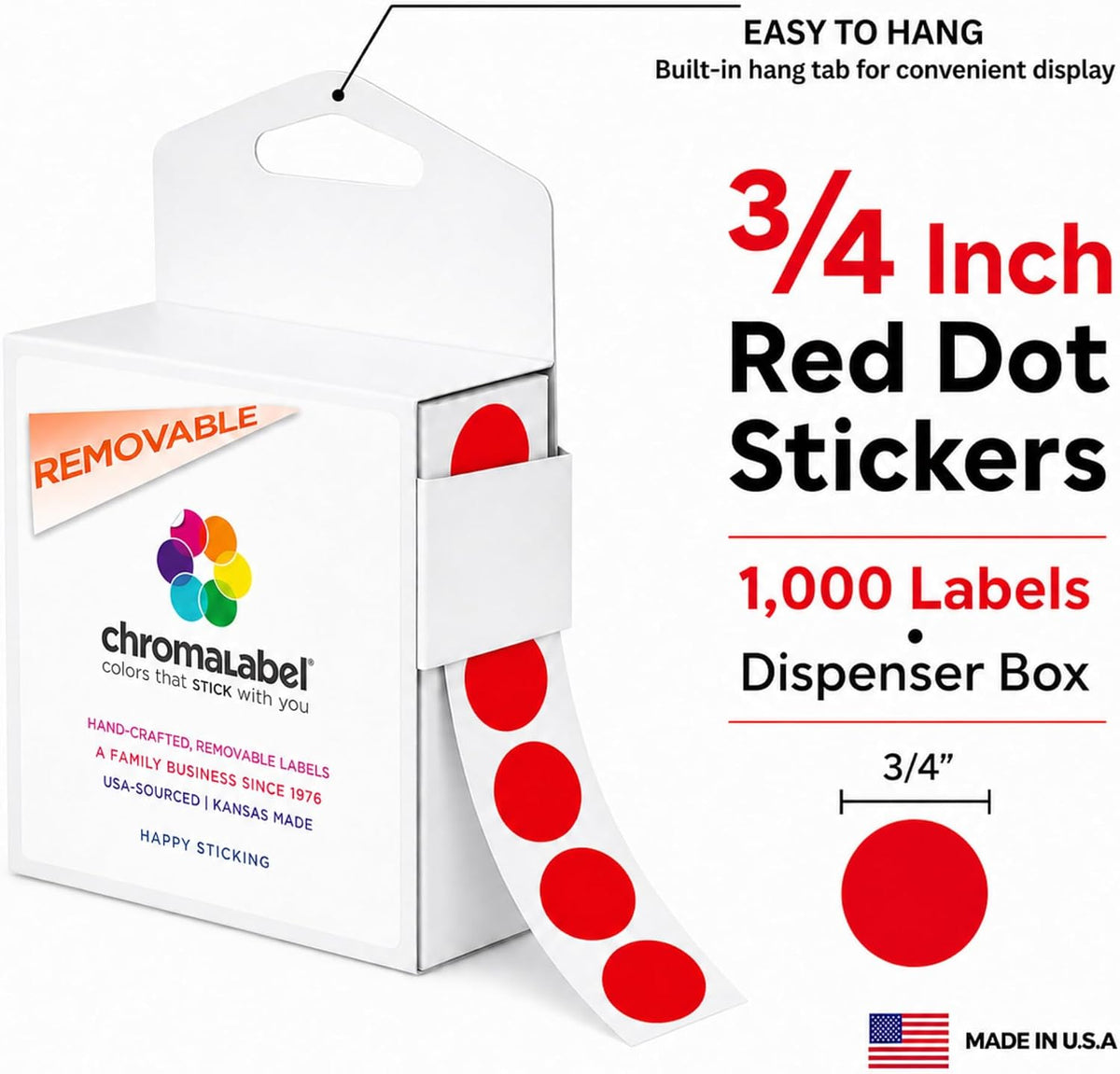 Sticker Dots, 3/4 Inch Round Red Labels - 1000 Removable Stickers per Dispenser Box, Ideal for Arts & Crafts - Color
