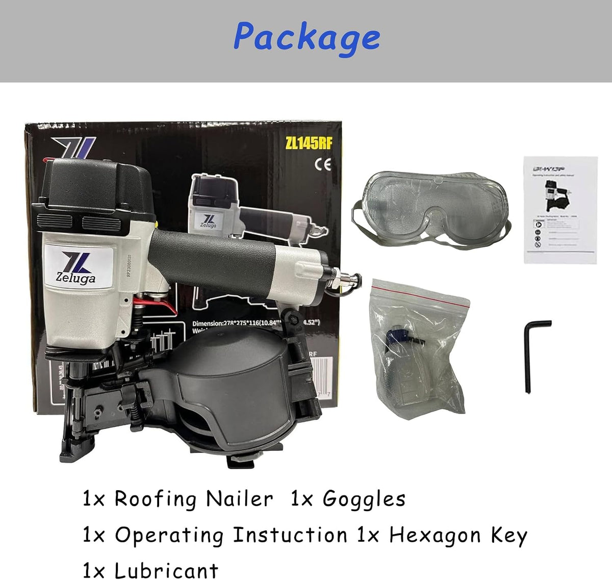 28-145 Pneumatic 15 Degree Coil Roofing Nailer with 120 PCS Load Capacity Coil Nailer Kit with Eye Protection and